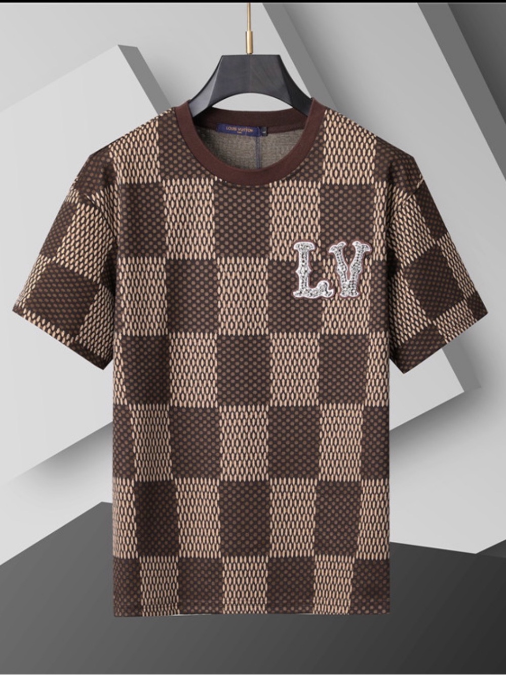 Louis Vuitton Brown and Beige Checkered LV Patch Tee